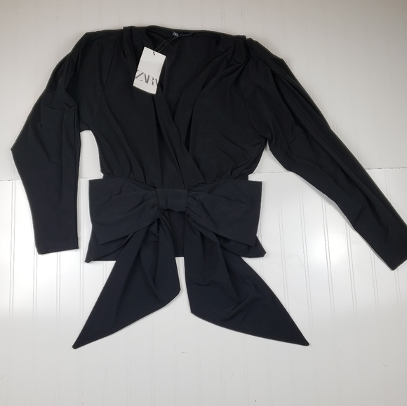 Zara Tops - NWT Zara black large bow faux wrap blouse top